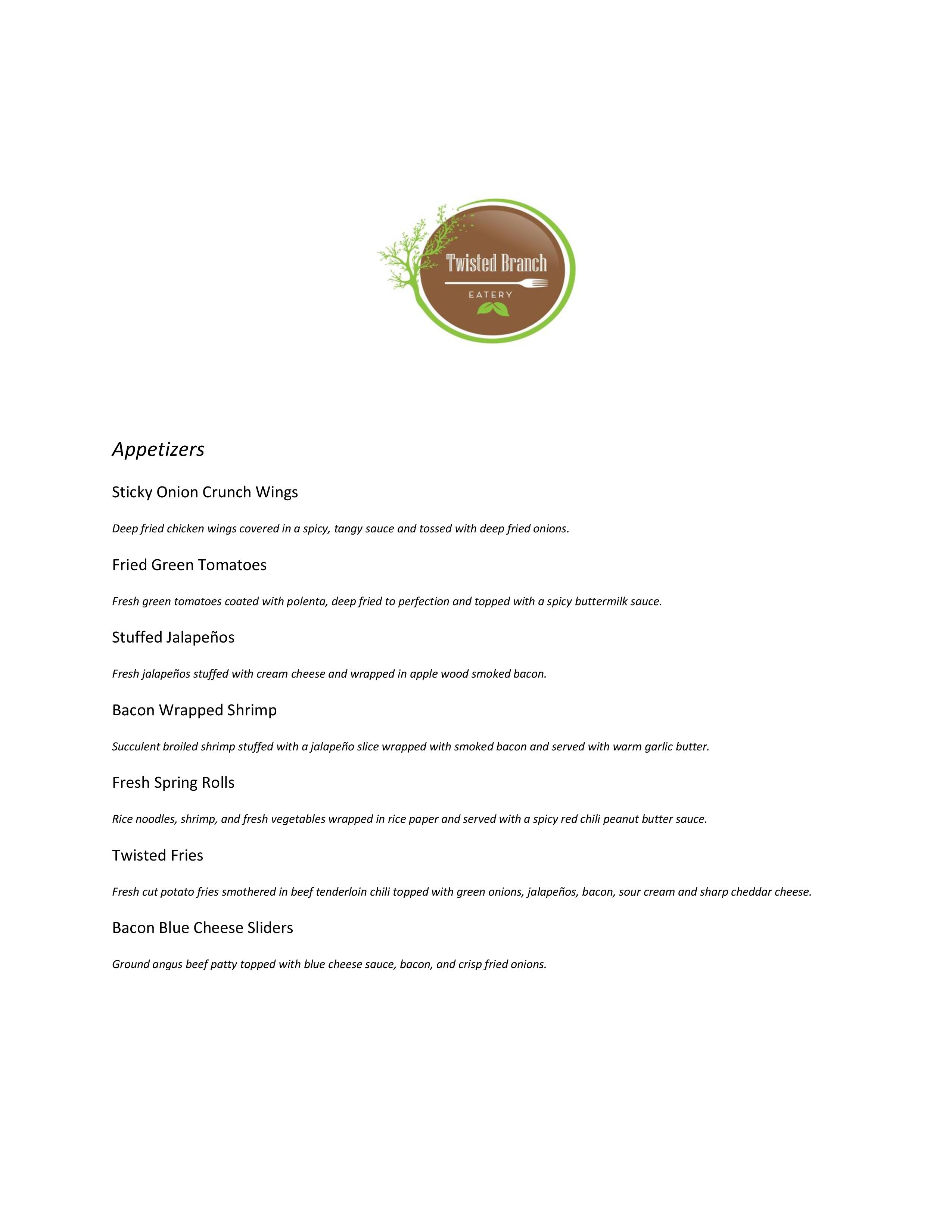 Twisted Branch Eatery Menu, Menu for Twisted Branch Eatery, Graford
