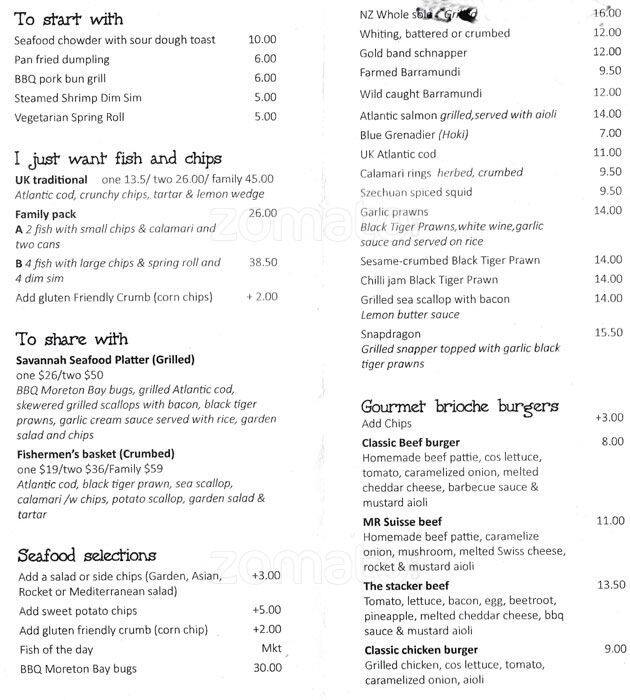 Cafe Savannah Menu, Menu podniku Cafe Savannah, Paradise Point, Gold