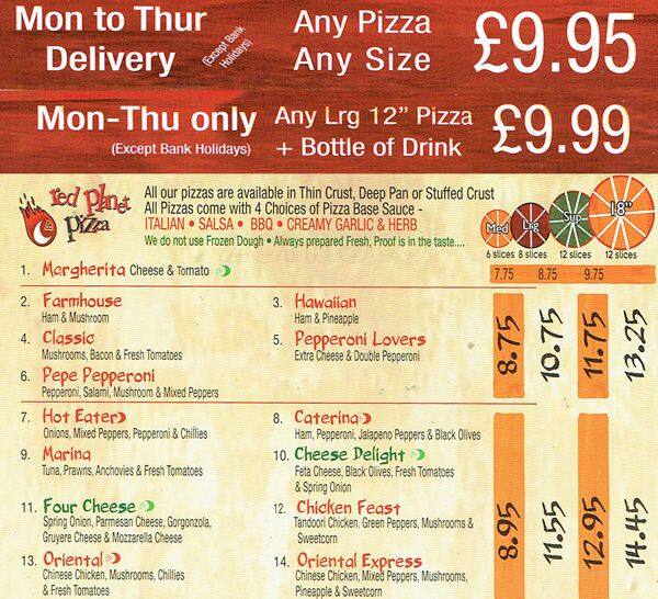Red Pizza Menu, Menu for Red Pizza, Borough, London