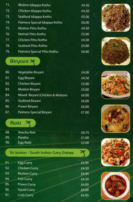 Menu at Palmera restaurant, Sutton, 561 London Road