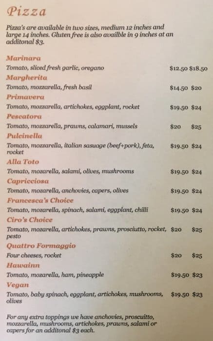 Menu at Francesca's Pizzeria, Auckland
