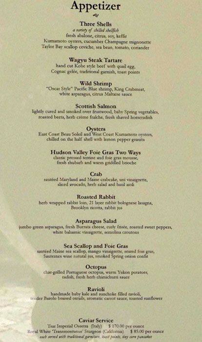 Menu at The River Café restaurant, New York City