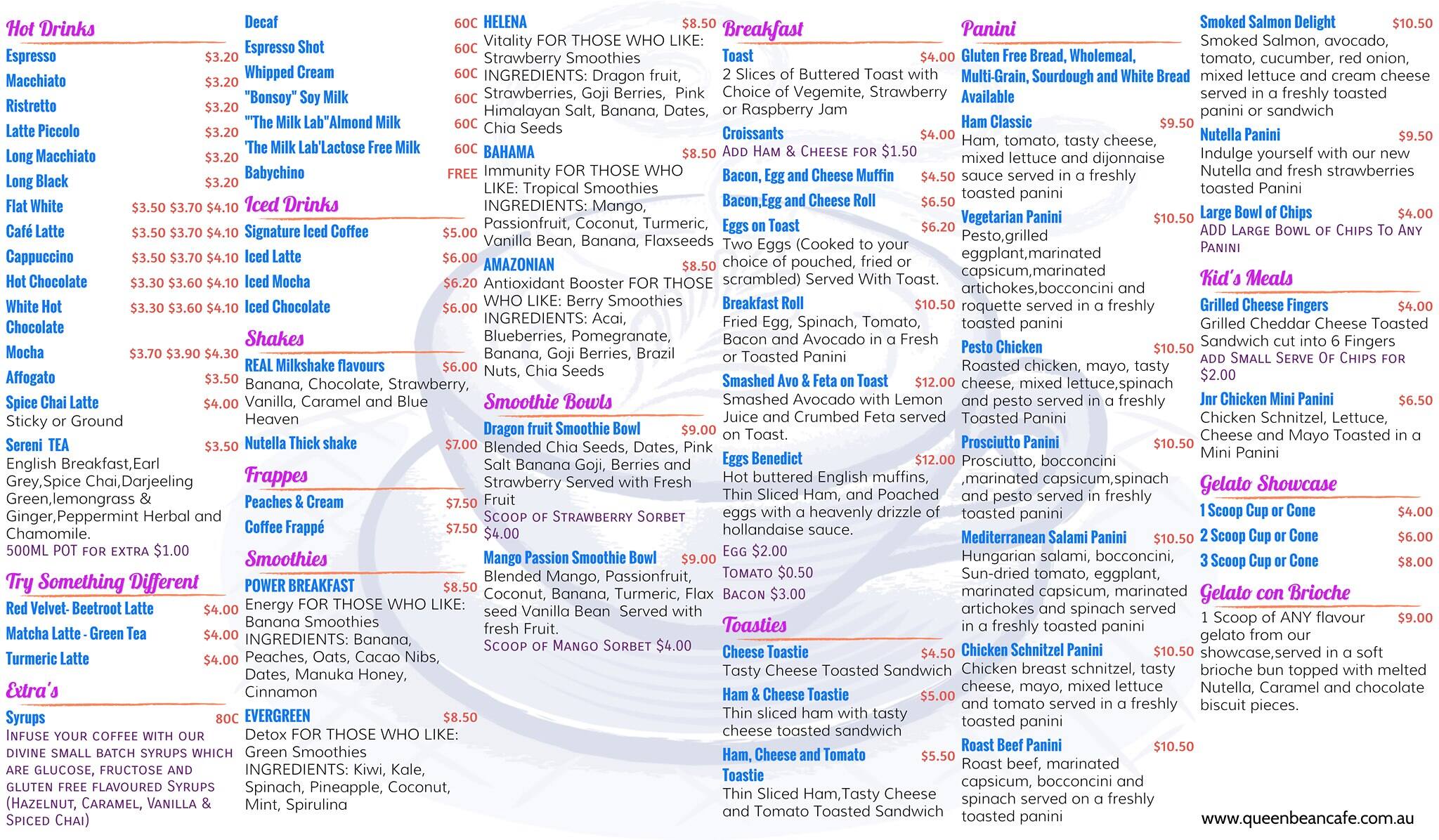 Menu at Queen Bean Cafe, Moonee Ponds