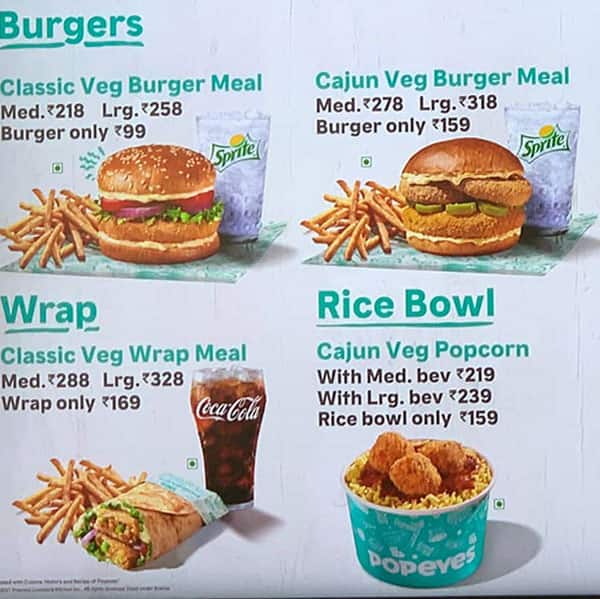 Menu of Popeyes, Varthur Main Road, Whitefield, Bangalore