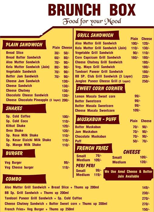 Menu of Brunch Box, Vastrapur, Ahmedabad