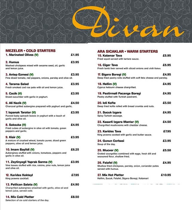 Menu at Divan Restaurant, Borehamwood, 2 Shenley Rd