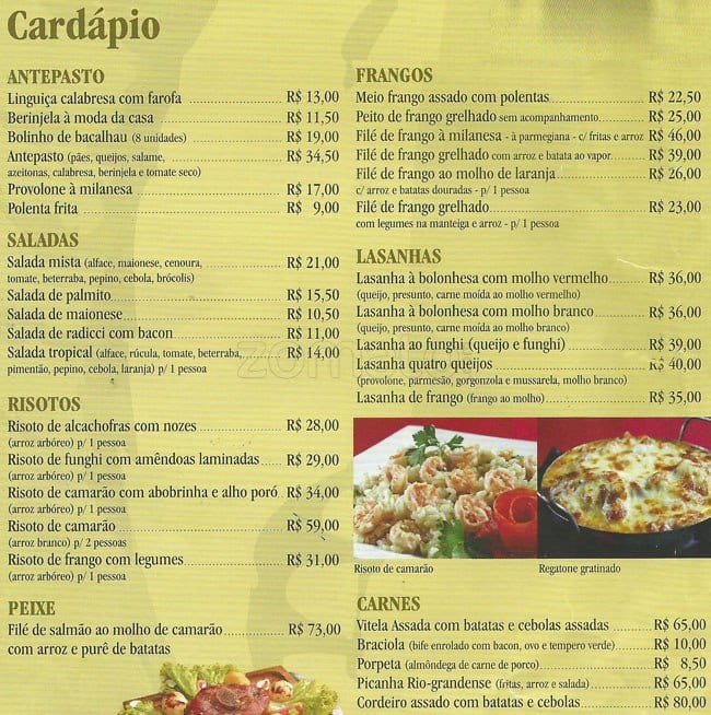 Menu at Copacabana restaurant, Porto Alegre, R. Matias José Bins