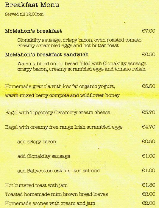 Menu at McMahon's of Botanic Avenue cafe, Dublin