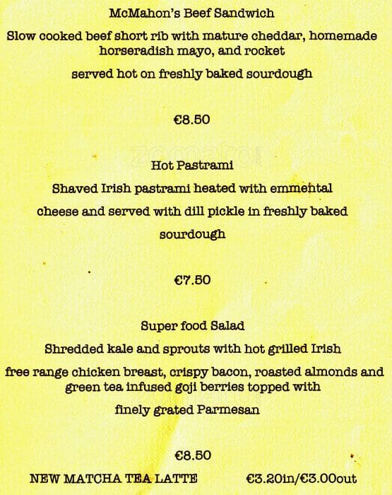 Menu at McMahon's of Botanic Avenue cafe, Dublin