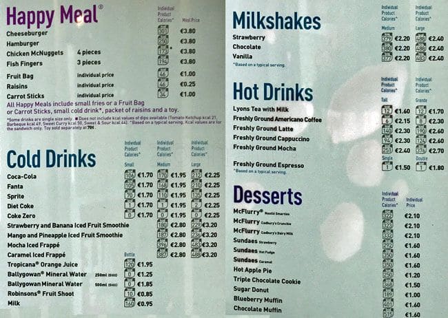 mcdonalds coffee menu ireland