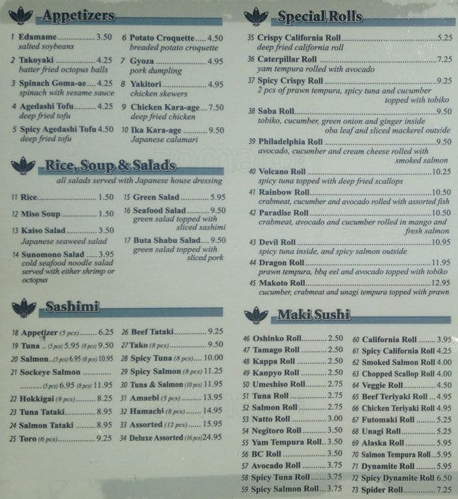 Menu for Makoto, South Burnaby 