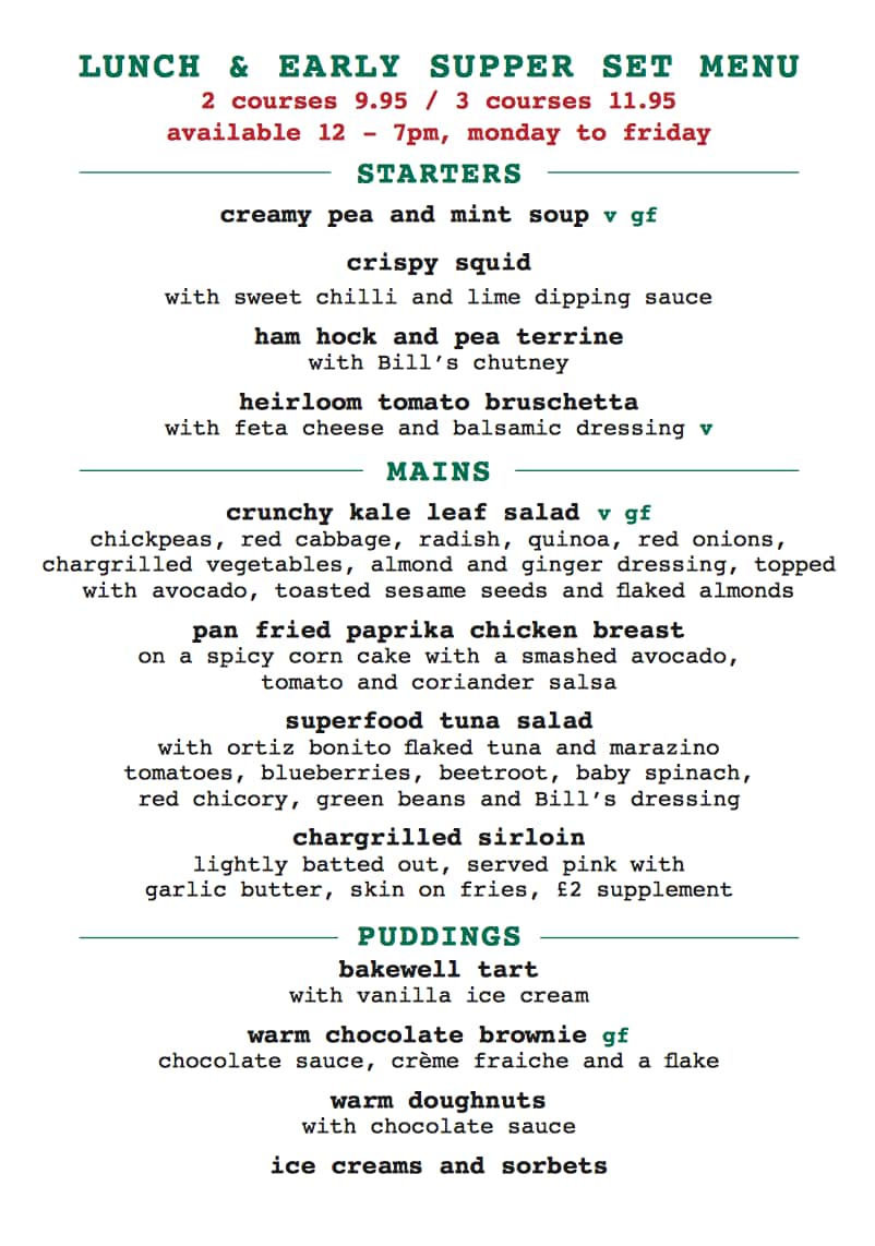 Menu at Bill's Exeter Restaurant, Exeter