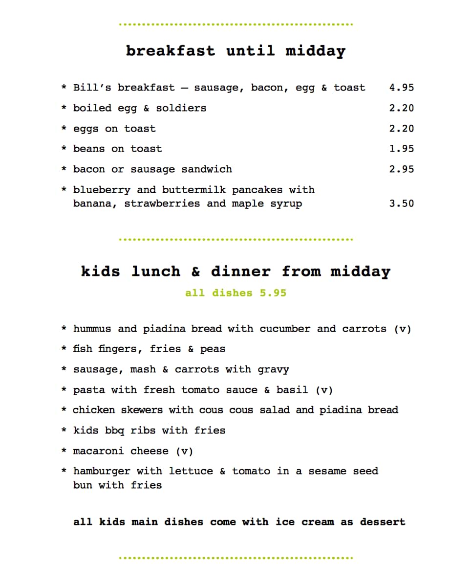 Menu at Bill's Exeter Restaurant, Exeter