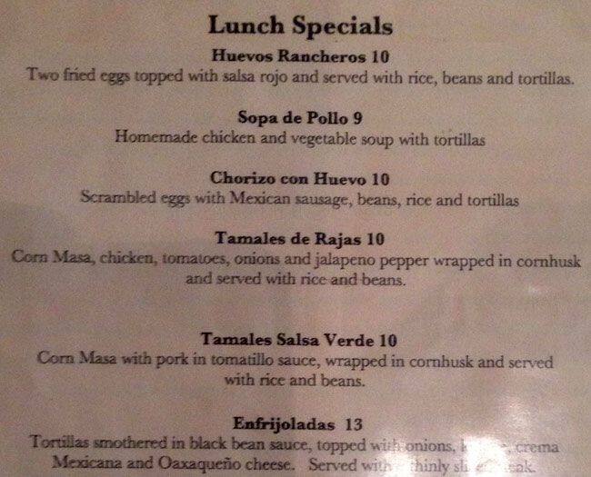 Menu at la carta de oaxaca restaurant seattle