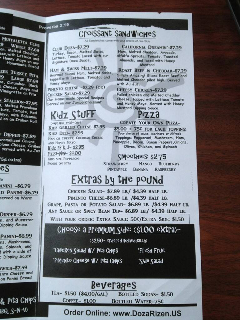 Doza Rizen Cafe menu