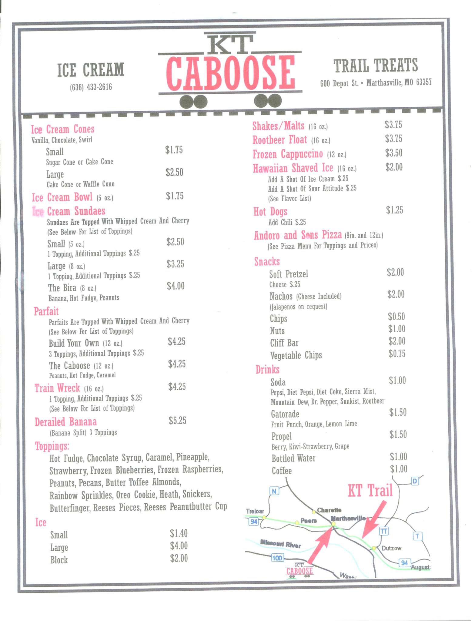 Menu at KT Caboose cafe, Marthasville, 600 Depot St