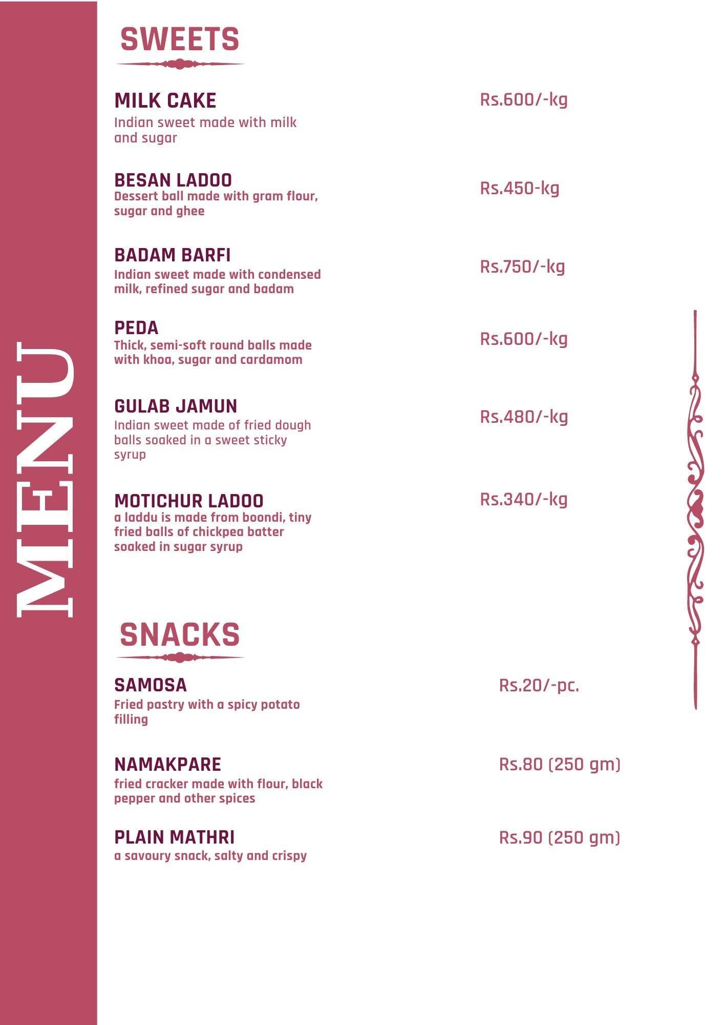 Menu of Triveni Caterers, Palam, New Delhi