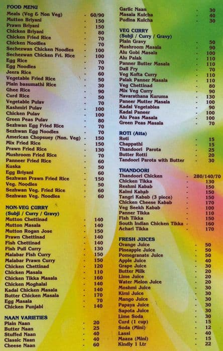Menu at Hotel Meri Auroville, Kuilapalayam