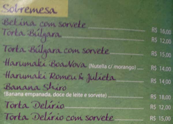 Shiro cardápio