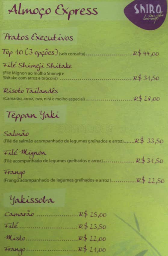 Shiro cardápio