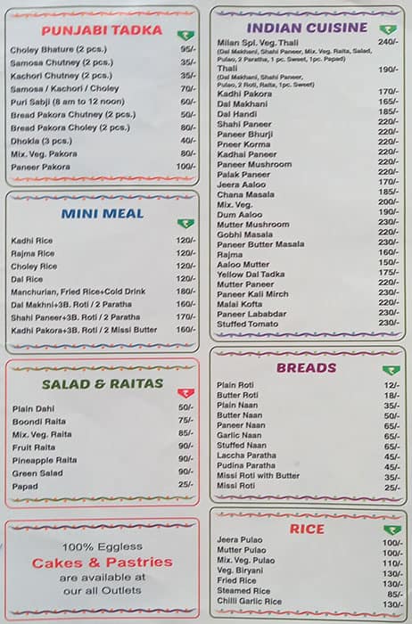 Milan Restaurant menu