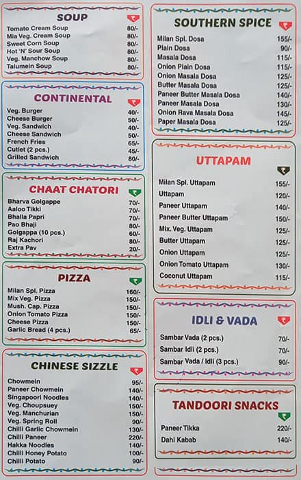 Milan Restaurant menu