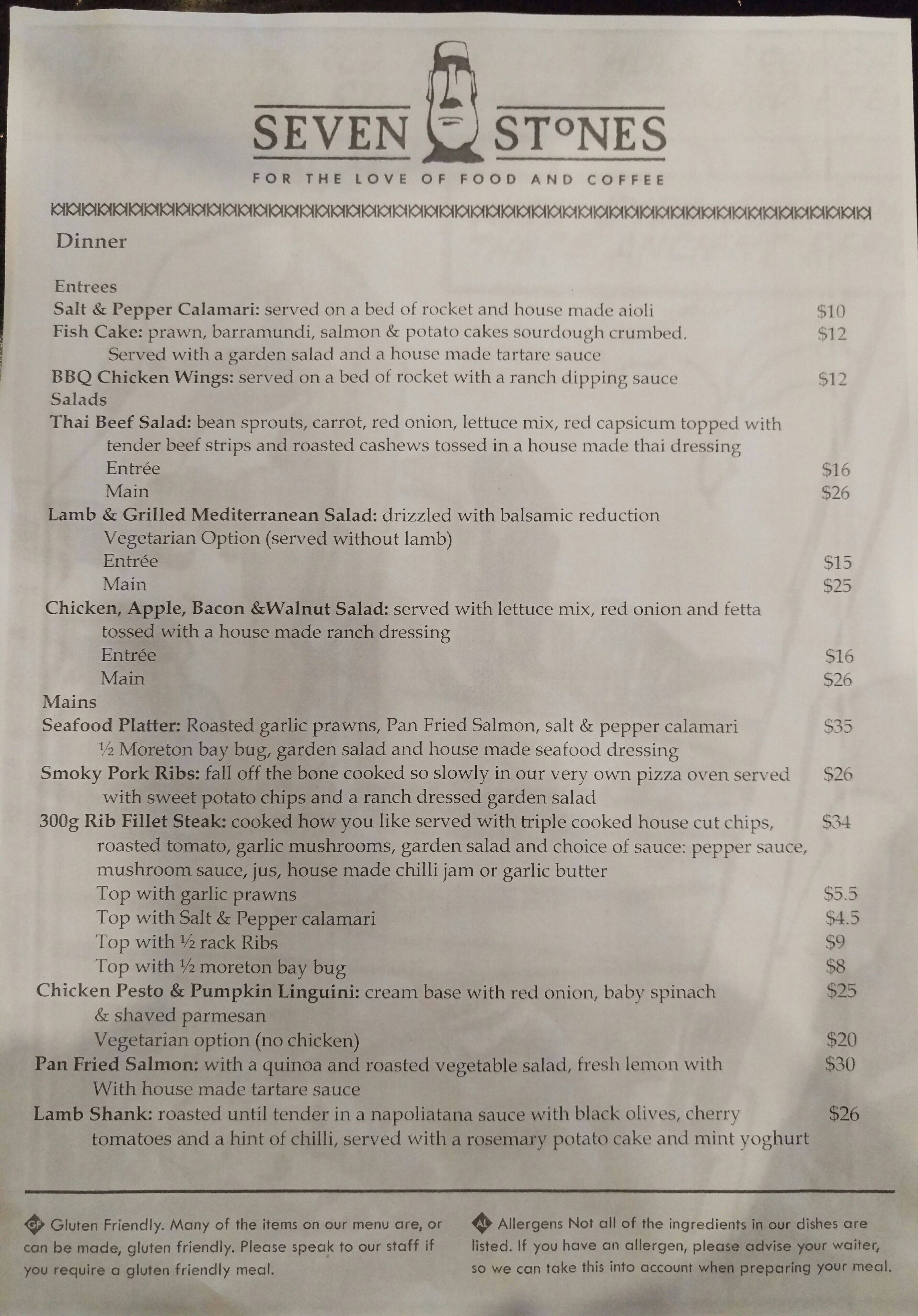 Seven Stones Menu, Menu for Seven Stones, Enoggera, Brisbane