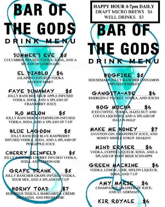 Bar of the Gods Menu, Menu for Bar of the Gods, Hawthorne ...