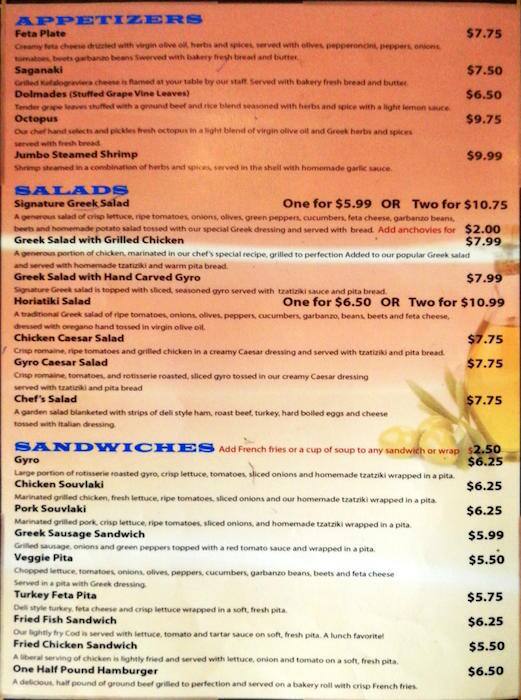 Menu at Seven Springs Souvlaki restaurant, New Port Richey