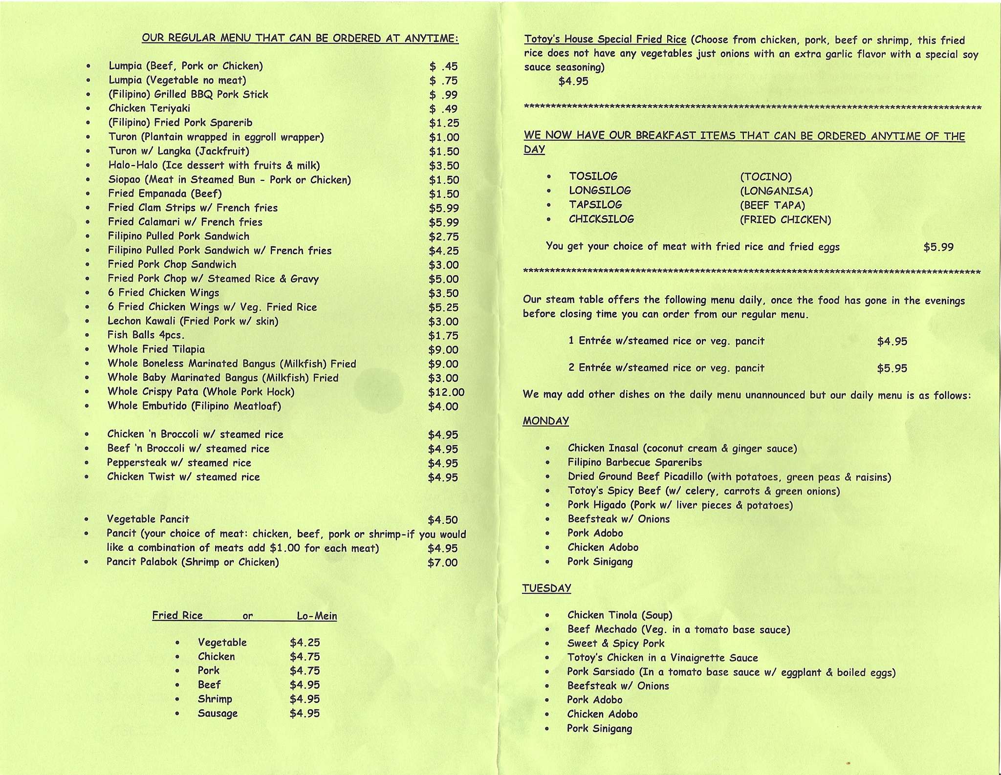 Totoy's Filipino Store Menu Urbanspoon/Zomato