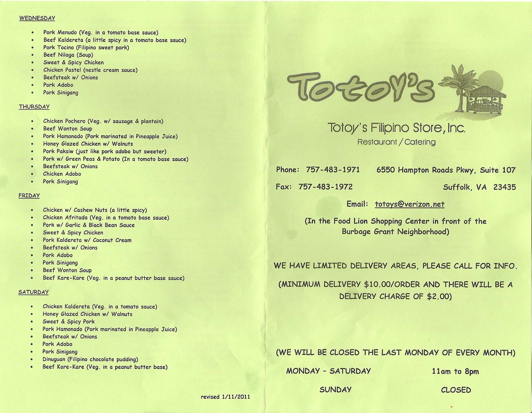 Menu at Totoy's Filipino Restaurant, Suffolk