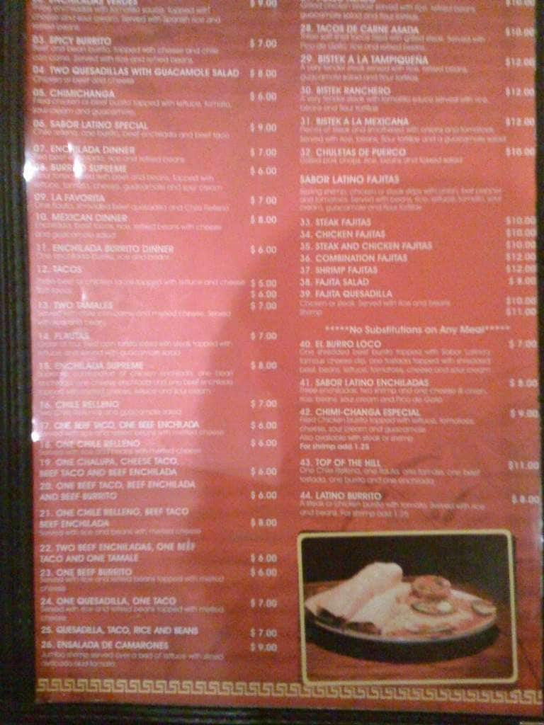 Menu at Sabor Latino restaurant, Birmingham, 112 Green Springs Hwy