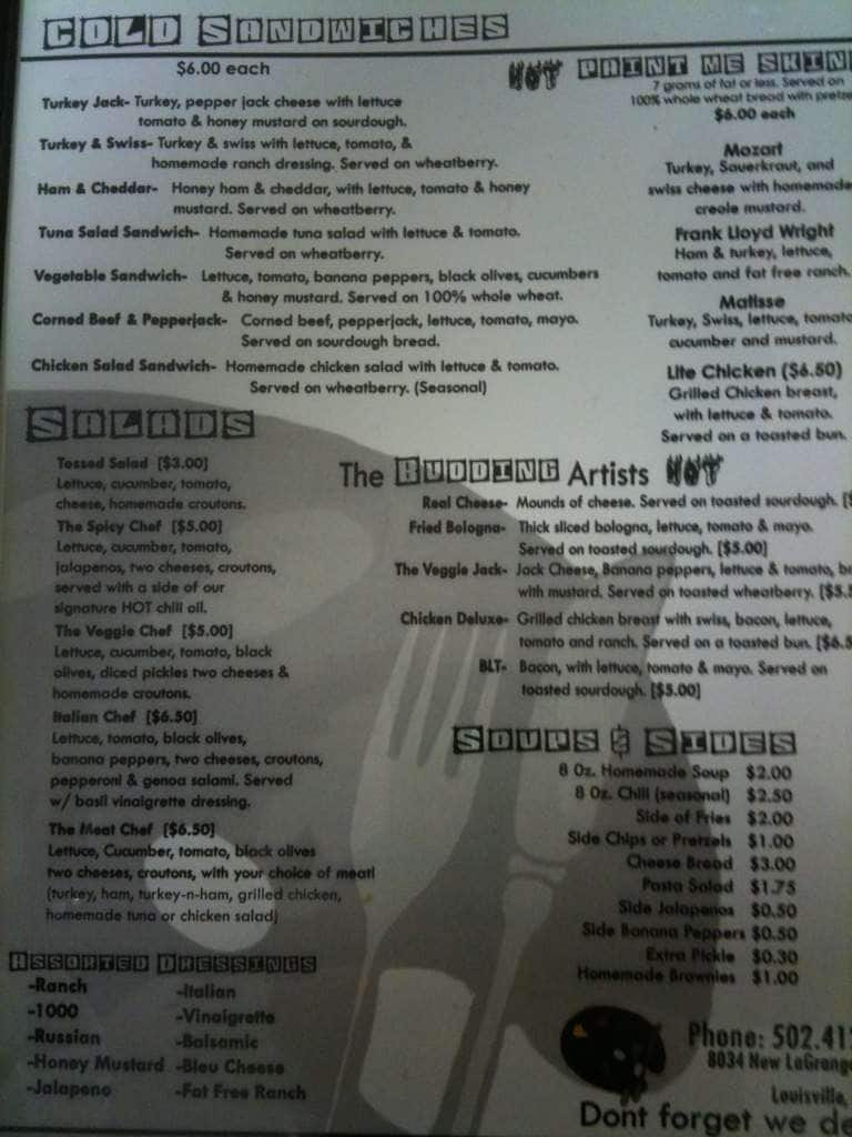 Menu at Starving Artists Cafe & Deli, Louisville