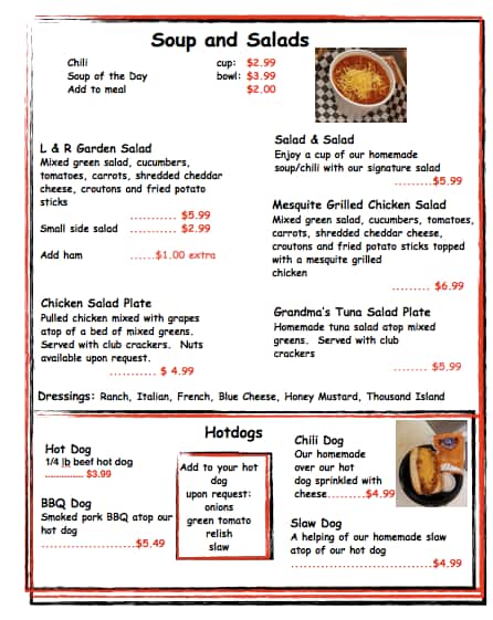 L & R Soda Bar menu, Menu restauracji L & R Soda Bar, Elkton, Elkton