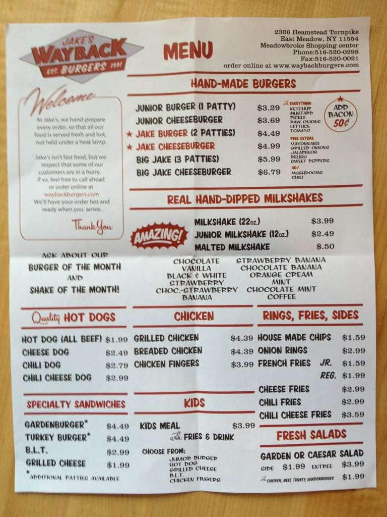 Menu at wayback burgers restaurant east meadow