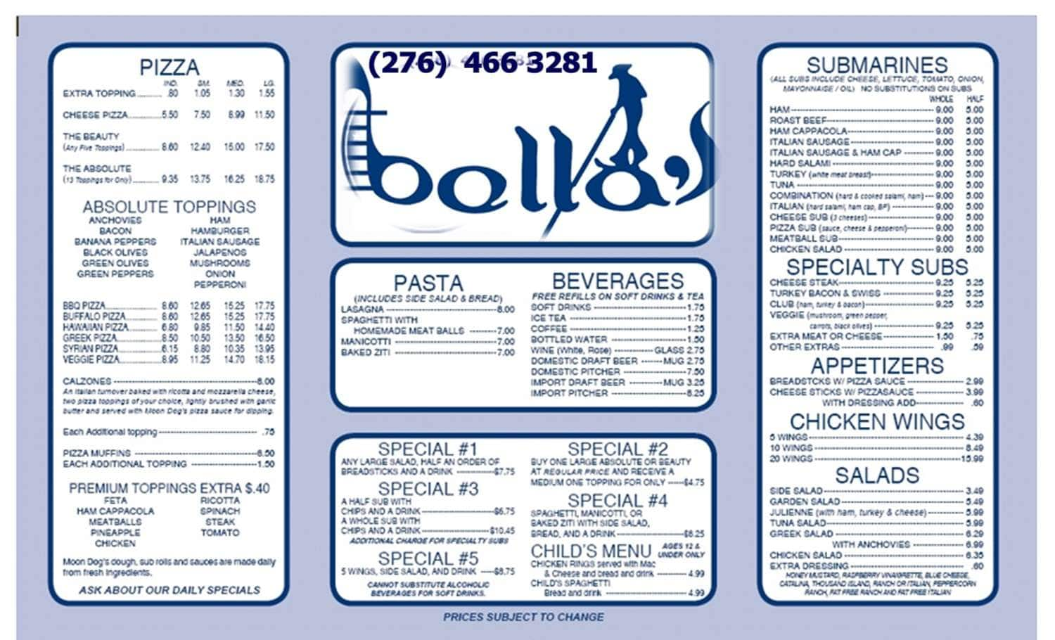 Menu at Bella's Pizza of Bristol pizzeria, Bristol