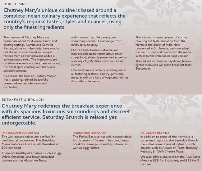 Menu at Chutney Mary restaurant, London, 73 St James's St