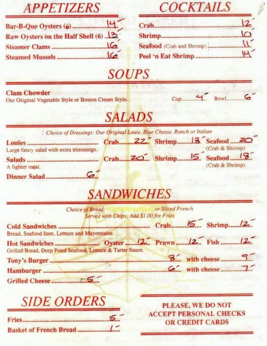 Menu at Tony's Seafood Restaurant, Marshall, Shoreline Hwy