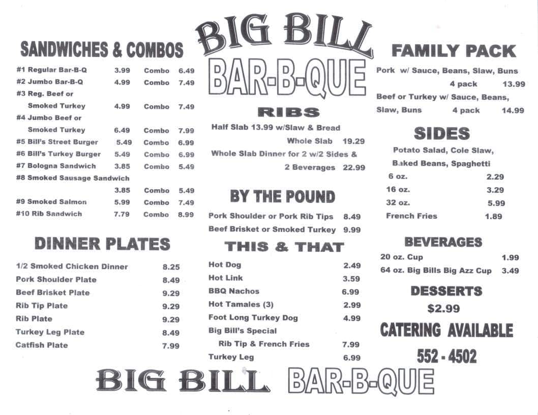 Big Bill BarBQue a Memphis Foto del Menu con Prezzi Urbanspoon/Zomato