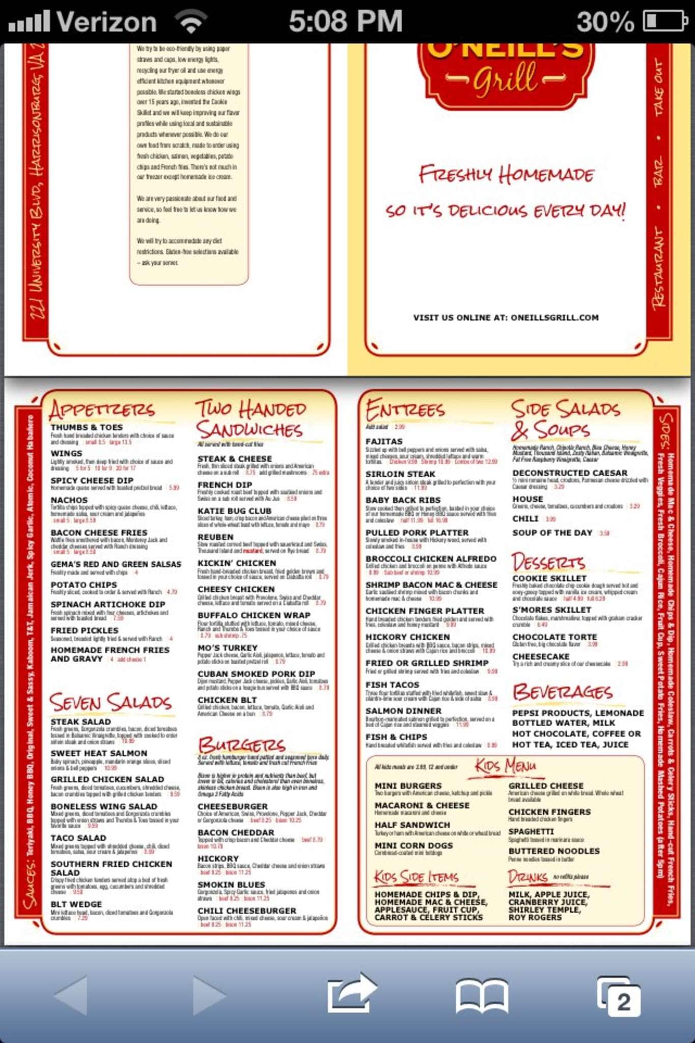 O'Neill's Grill Menu Urbanspoon/Zomato