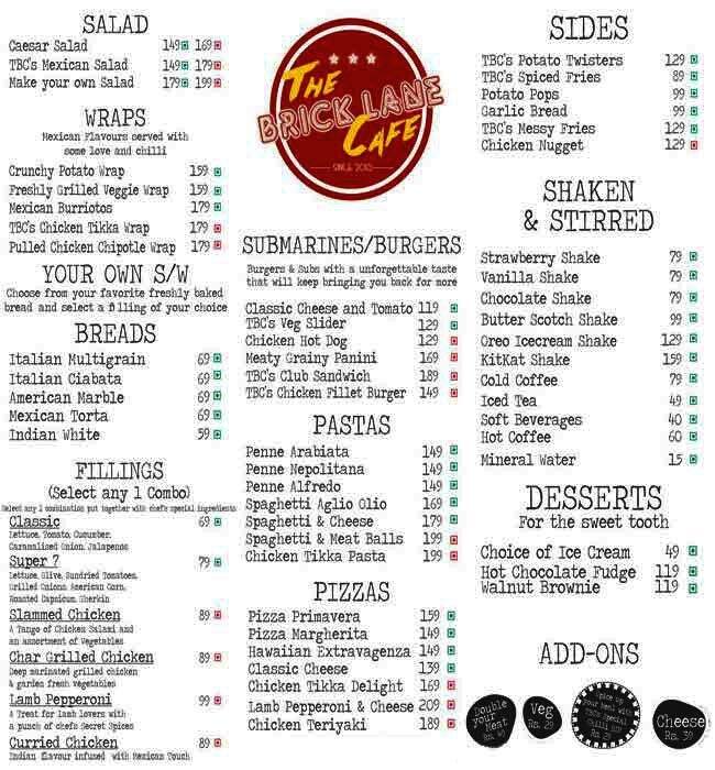 The BrickLane Cafe Menu, Menu for The BrickLane Cafe, Naraina, New