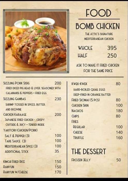 Menu at The Attic pub & bar, Cebu City
