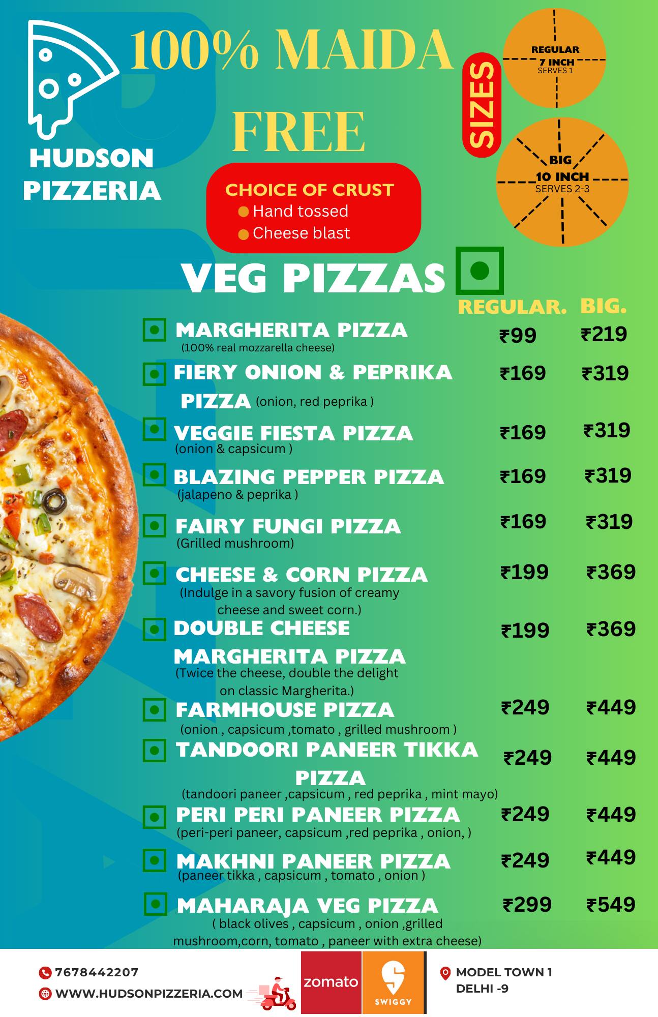 Menu of Hudson Pizzeria, Model Town 1, New Delhi