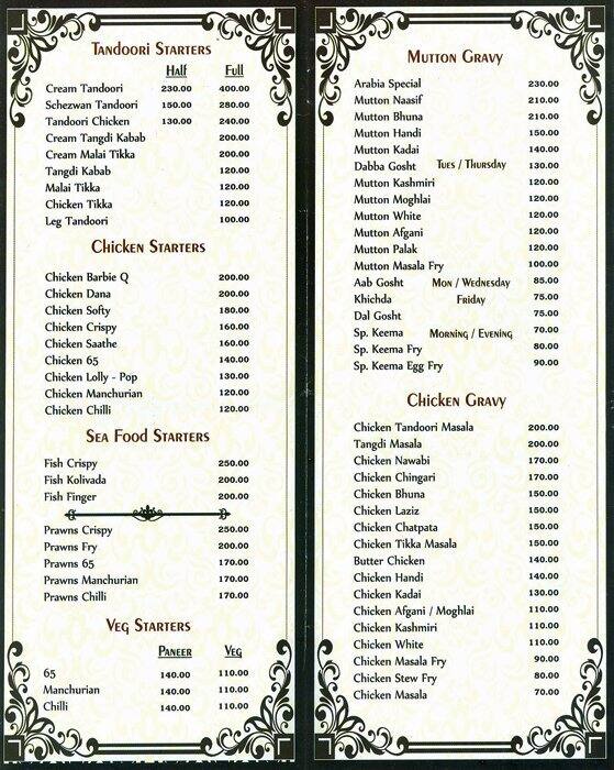 arabia hotel mumbai central menu