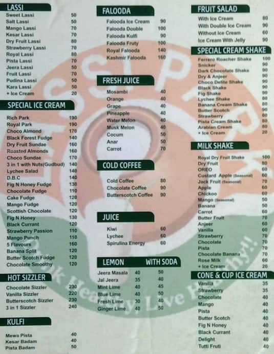 Menu Of The Lassi Park, Frazer Town, Bangalore