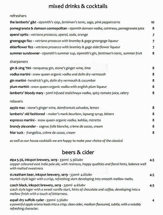 Lamberts menu, Menu restauracji Lamberts, Balham, London Zomato UK