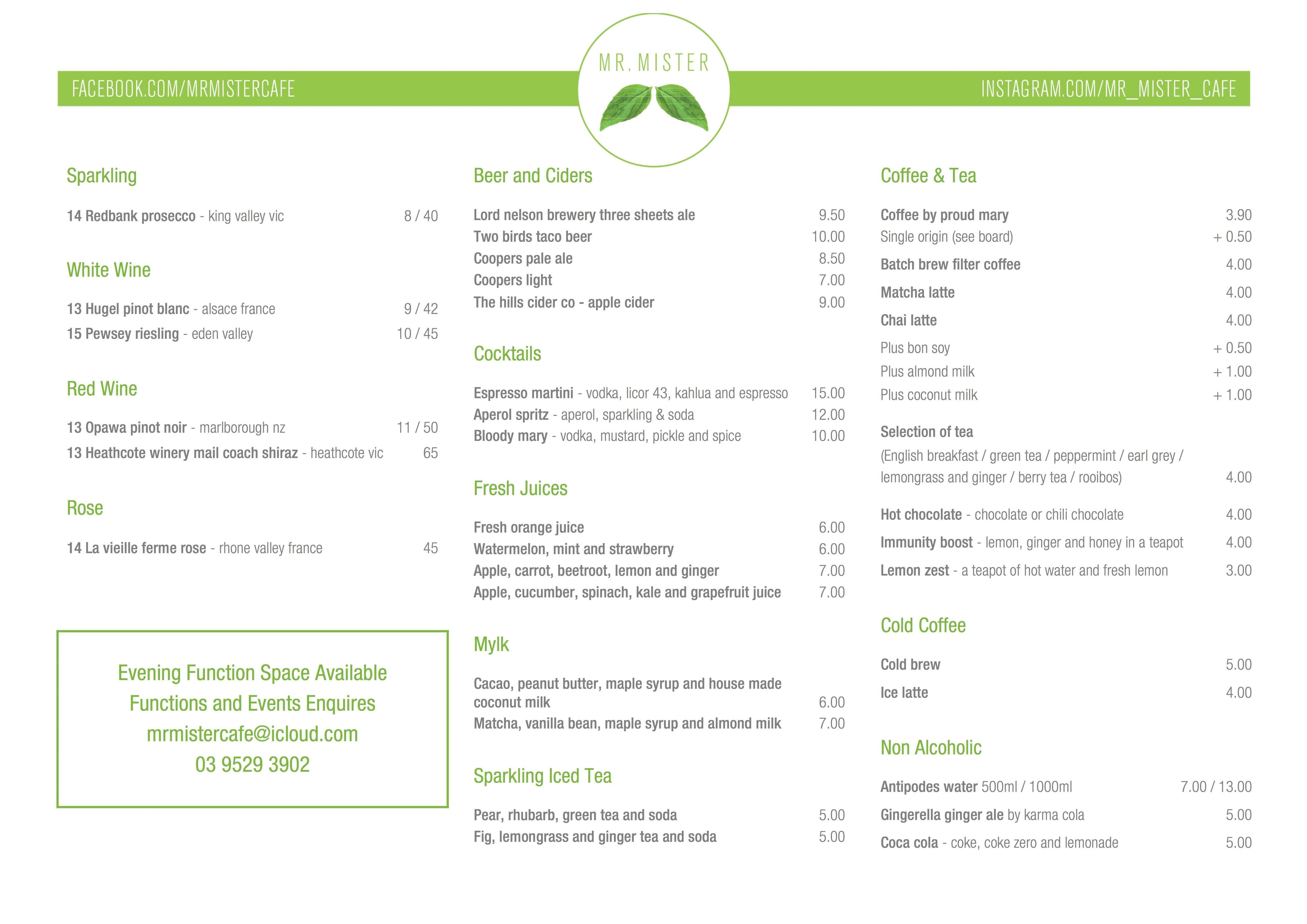 Mr Mister Cafe Menu, Menu for Mr Mister Cafe, Windsor, Melbourne