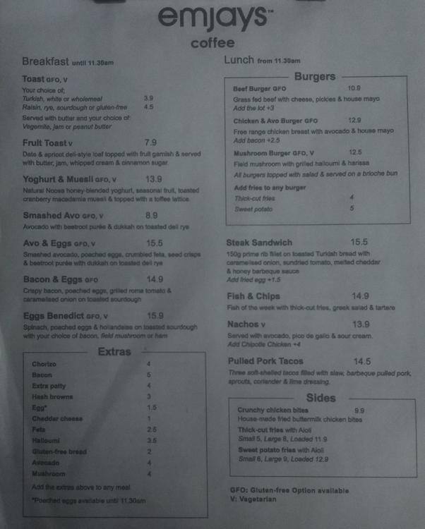 Menu at Emjays Coffee cafe, Brisbane City, 140 Creek Street