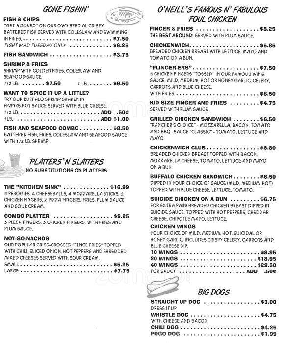 Real At O'Neill's menu