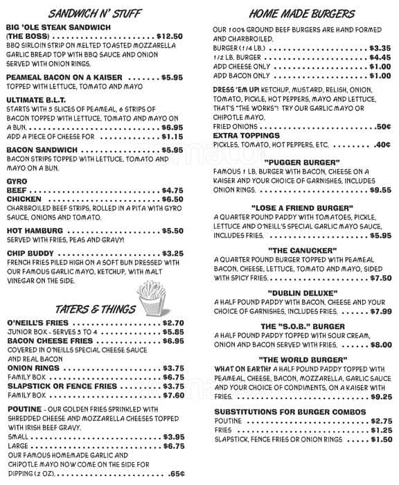 Real At O'Neill's menu